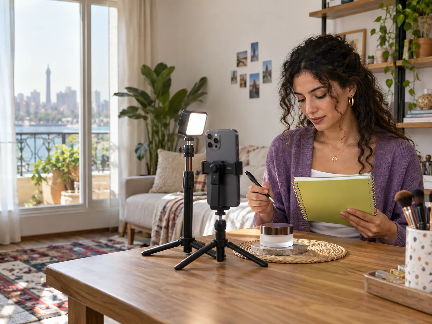 Creator producing social content in a home studio